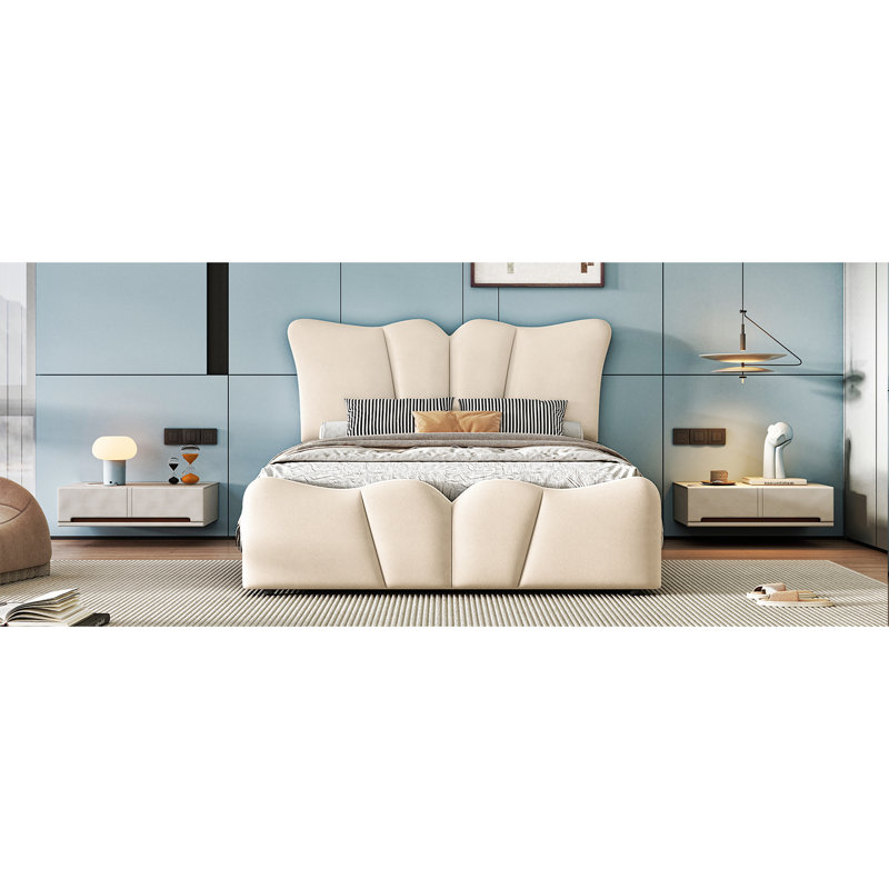 Lit plateforme tapissier en velours, Beige, Lit simple