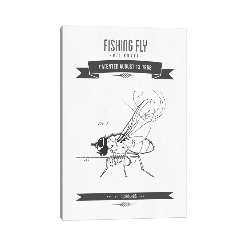 W.D. Kuntz Fishing Fly Patent Sketch Retro (Charcoal) by Aged Pixel - Wrapped Canvas Print