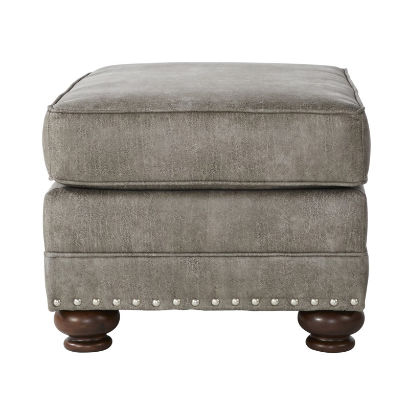 Similicuir gris pierre avec plateau supérieur - structure en bois, assise mi-ferme, rectangulaire, sans dossier, traditionnelle, garniture cloutée rectangulaire dans un décor traditionnel,