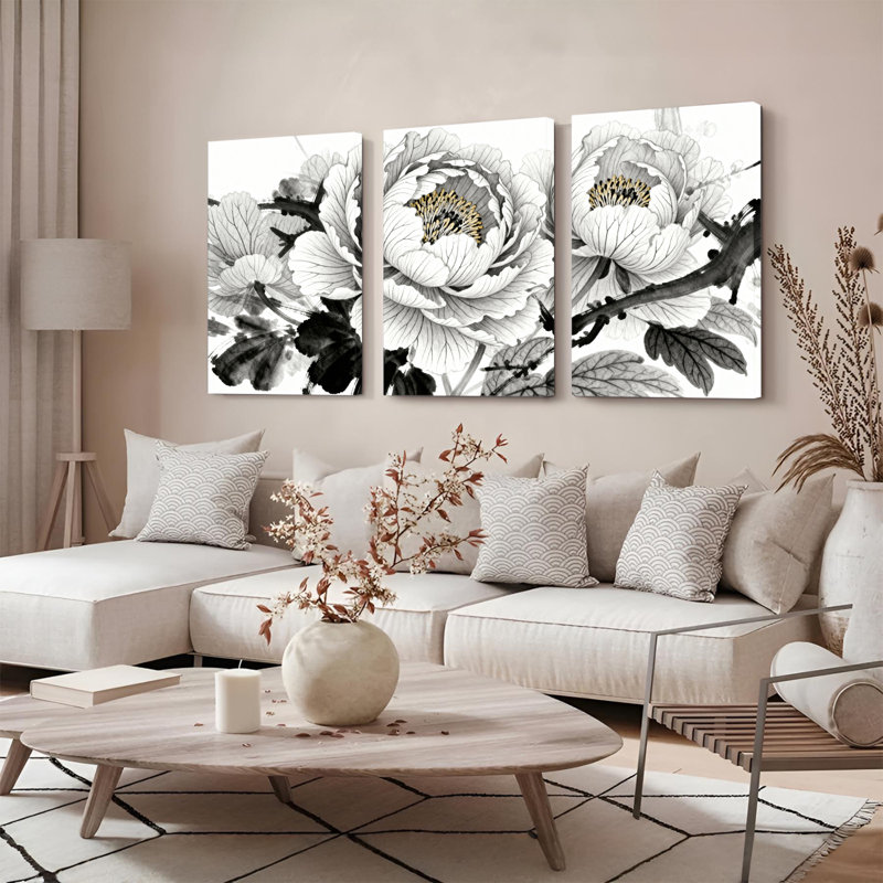Tableau mural sur toile tendue, motif floral pivoine noire et blanche, style lavis d'encre (paquet de 3), H 36 po x l 72 po