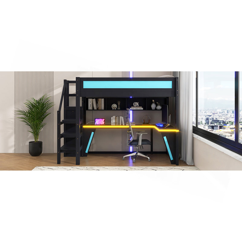 Lit mezzanine double avec bureau et garde-robe, structure de lit mezzanine avec DEL, USB intégré, noir et bleu, Black/Blue
