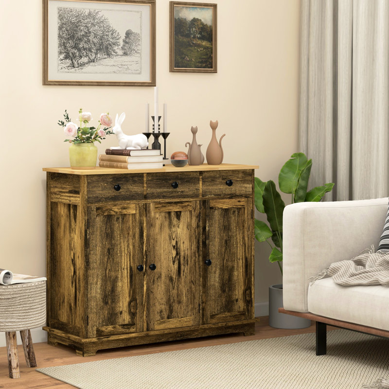 Buffet rustique brun avec 3 tiroirs et tablettes de rangement réglables - tablettes modernes