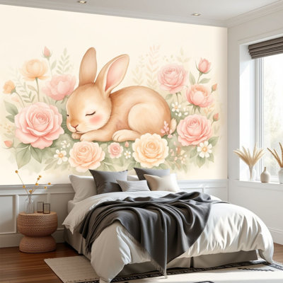 Animals Kids Peel and Stick Wallpaper Sleeping Bunny Pastel Floral Garden Wall Murals 69"H x 96"W Removable PVC Wall Paper Self-Adhesive Wall Decor for Bedroom Living Room Nursery