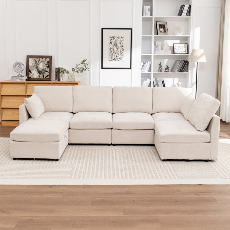Canapé modulaire rembourré en U avec repose-pieds de rangement 6 pièces Miller, Beige