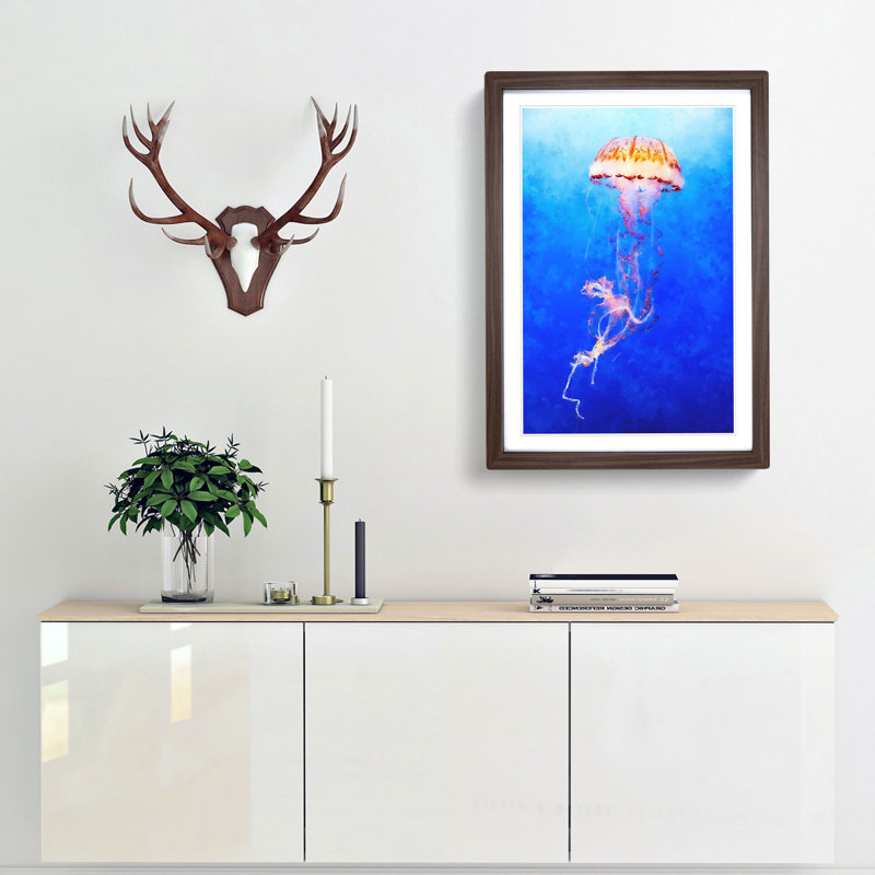 Orange Jellyfish - Picture Frame Painting Print, 87cm H x 62cm W x 2cm D, Walnut Framed