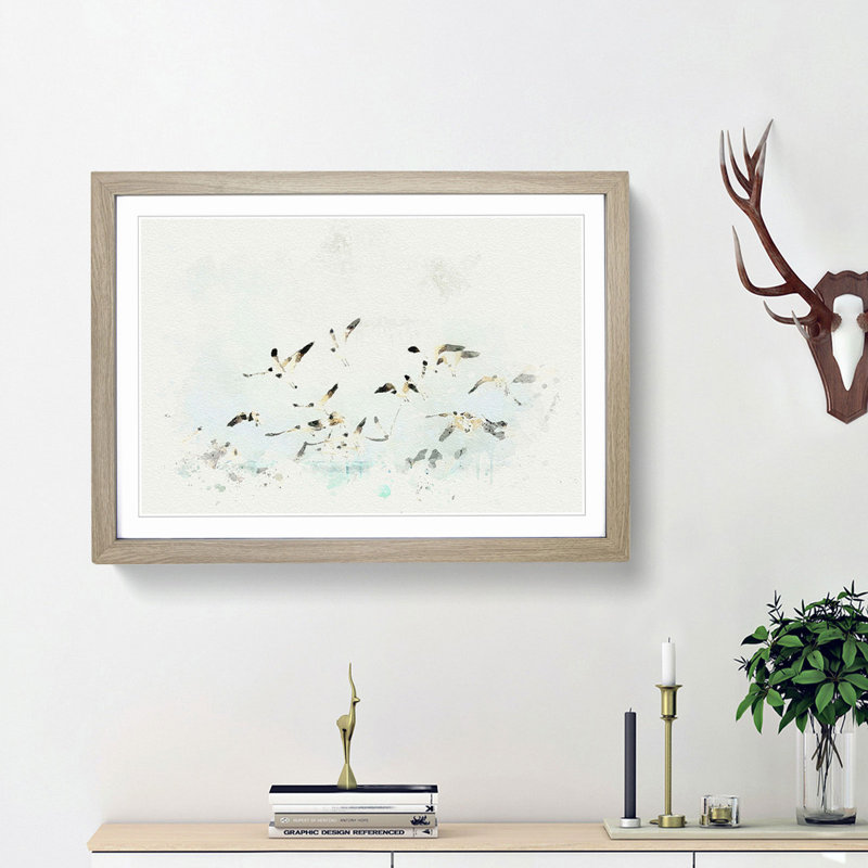 Flock of Seagulls over the Sea in Abstract - Picture Frame Graphic Art Print on MDF, 36cm H x 48cm W x 2cm D, Oak Framed