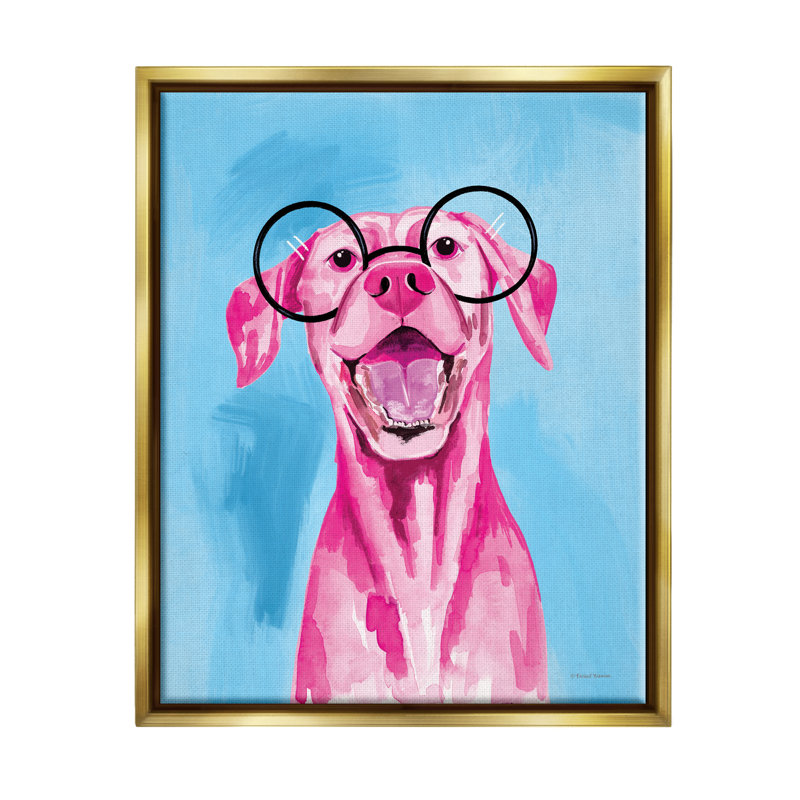 «Happy Dog» rose et bleu encadré sur bois par Rachel Nieman, peinture, H 31 po x l 25 po x P 1,7 po