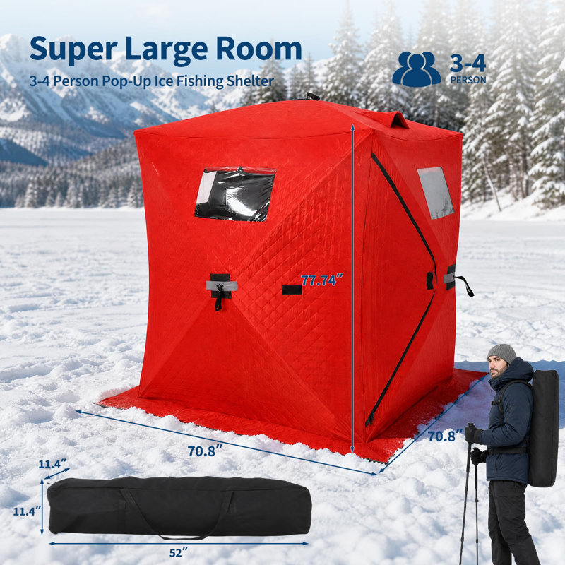 Ice Fishing Shelter for 3-4 Persons, Waterproof 420D Oxford Fabric, LED Light, Dual Windows, Reflective Strips, Quick Setup & Thermal Insulation