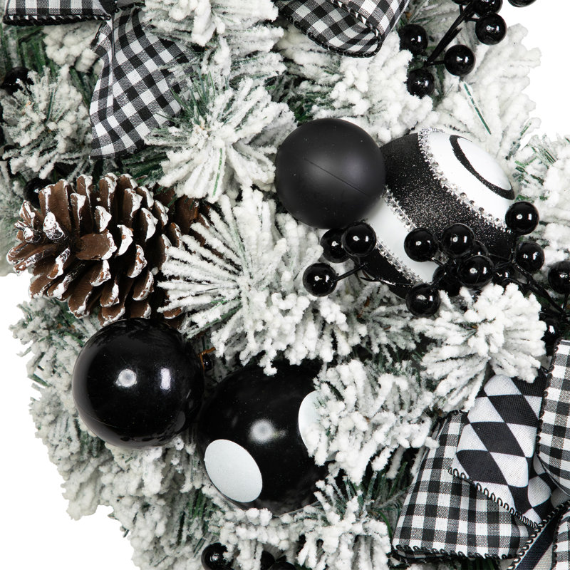 Flocked Pine With Harlequin Bows And Ornaments Christmas Wreath - 24" - Unlit