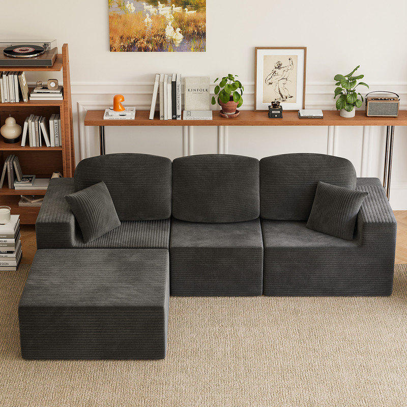L-Shaped Modular Sectional Couch, Cloud Compression Sectional Sofa with Wide Armrest. Black, Black Corduroy