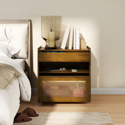 Table de chevet Farmhouse avec station de charge USB, 2 tiroirs et tablette ouverte - Table de chevet moderne Mid-Century