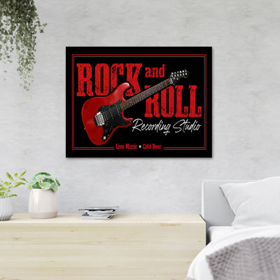 Une guitare rouge - Rock and Roll Studio d'enregistrement Live Music Cold Beer - 1 pièce, reproduction d'art graphique sur toile tendue