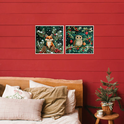 Winter Snowfall Fox & Owl 2pc Wall Plaque Set, design by Yen