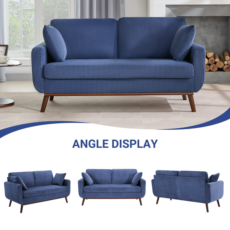 65" Corduroy Loveseat With 2 Free Matching Pillows, Blue