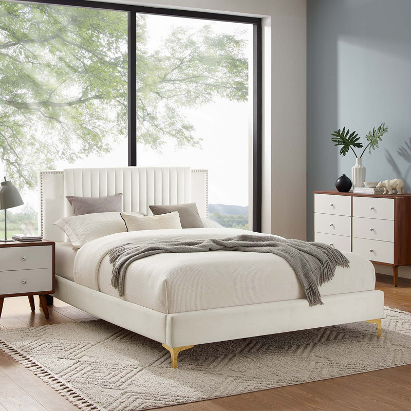 Modway Zahra Channel Tufted Performance Velvet Platform Bed, White, Twin