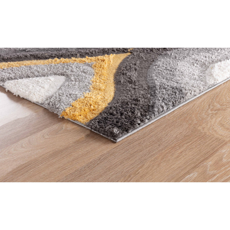 Arnhild Modern Soft Curved Diamonds Design Shaggy Gold/Grey Rug, Rectangle 60 x 110cm