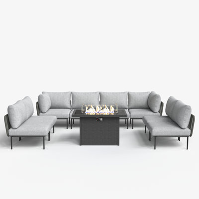 Ebern Designs 9 Pieces Aluminum Patio Furniture Set, Modern Modular Sectional Sofa with Fire Pit Table and Upgrade Thickness Cushion