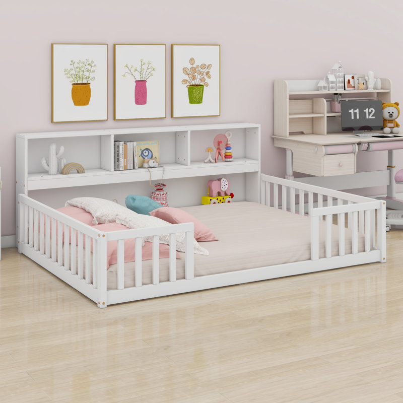 Floor Bed With Side Bookcase,Shelves,Guardrails, White