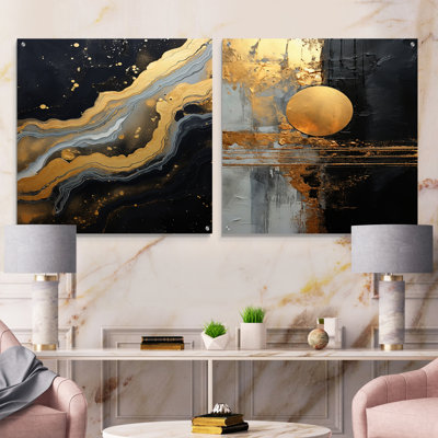 Black And Gold Abstract Meditation - Abstract Painting Acrylic Wall Art Glass Set Of 2