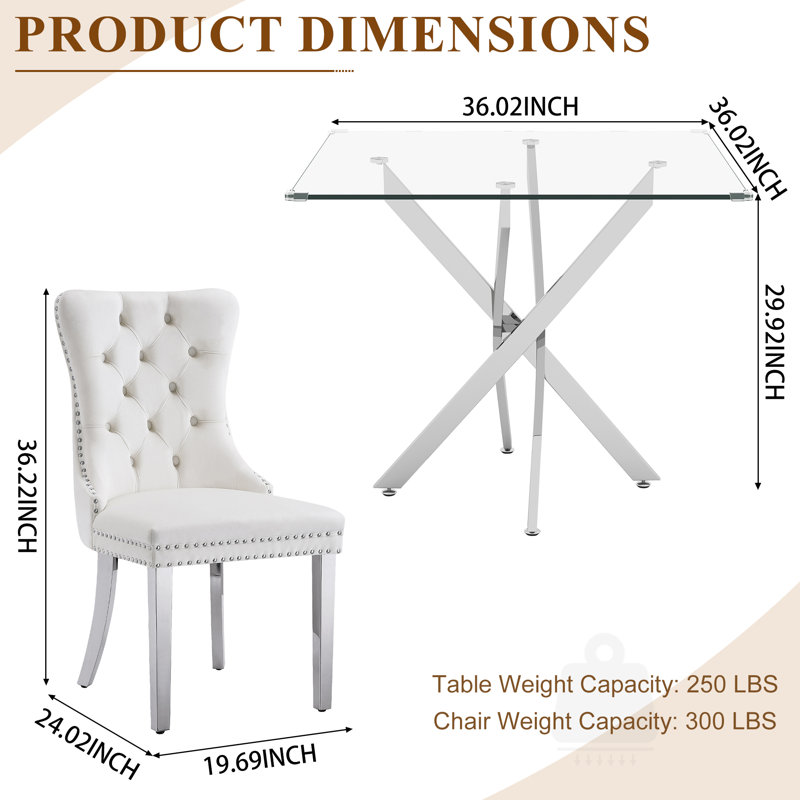 Modern Square Glass Dining Table Set for 4, 36" Tempered Glass Top with Velvet Tufted Nailhead Trim Chairs