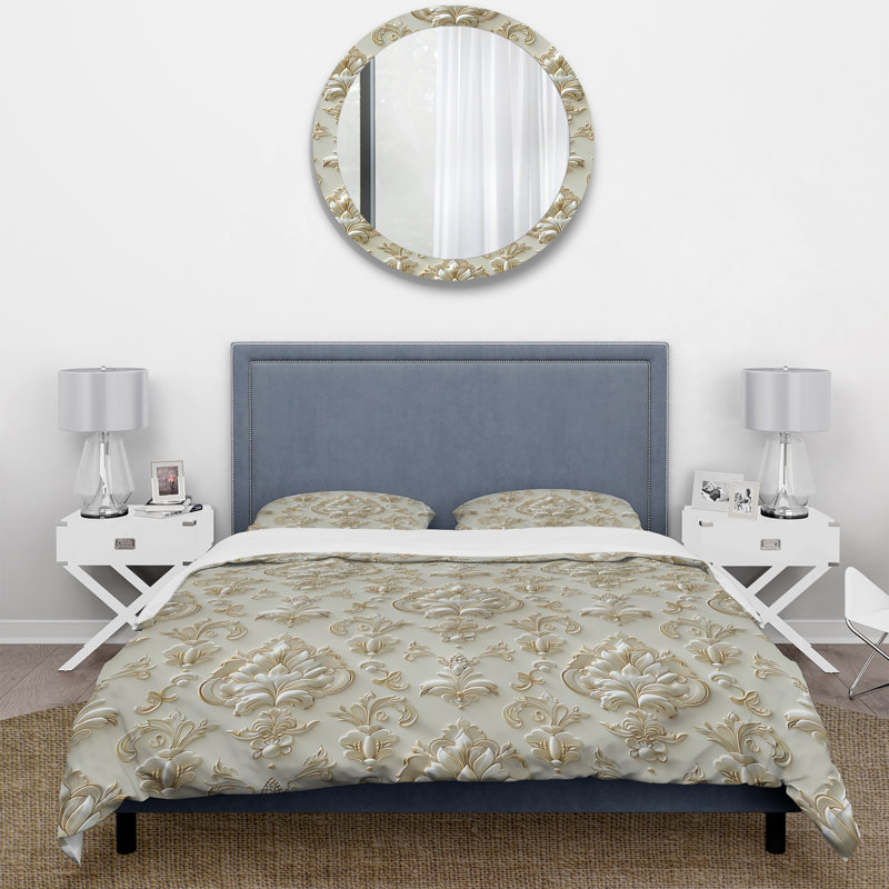 Ensemble de housse de couette Beige Classic Damask Bliss III - Traditional, Housse de couette pour grand lit + 2 taies décora