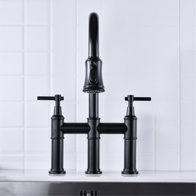 Dual Handle Bridge Kitchen Faucet In Matte Black - Quiet And Splash- Water Flow With Quality Aerator Sink Pull-Down For Intensive Cleaning