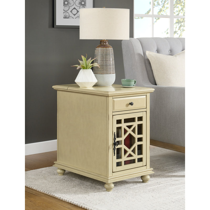 Ahmara End Table with Storage and Built-In Outlets, Antique Cream White Top / Antique Cream White Base