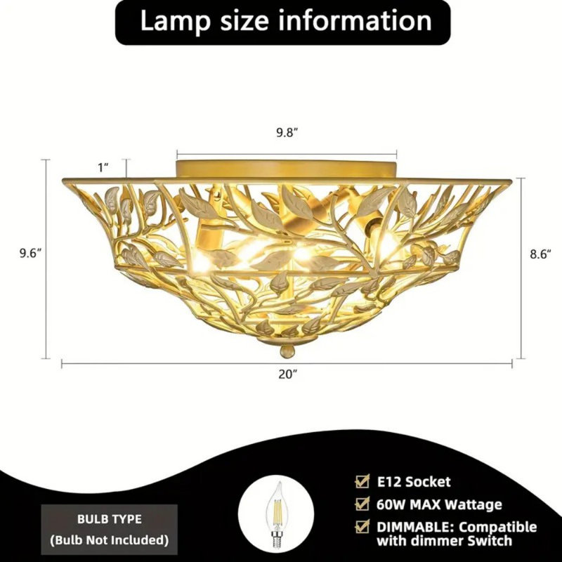 1Pc Metal Flush Mount Ceiling Light Fixture For Dining Room, D 20" Golden Leaf Flush Ceiling Mount Flush For Bedroom, Modern Farmhouse Mount Chandelier For Living Room, Kitchen Island, Foyer, Entryway