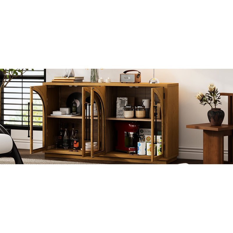 Retro Style 4-Door Arched Storage Sideboard With Glass, Adjustable Shelves, Natural Wood, Multifunctional Buffet Cabinet, Shape, Look,