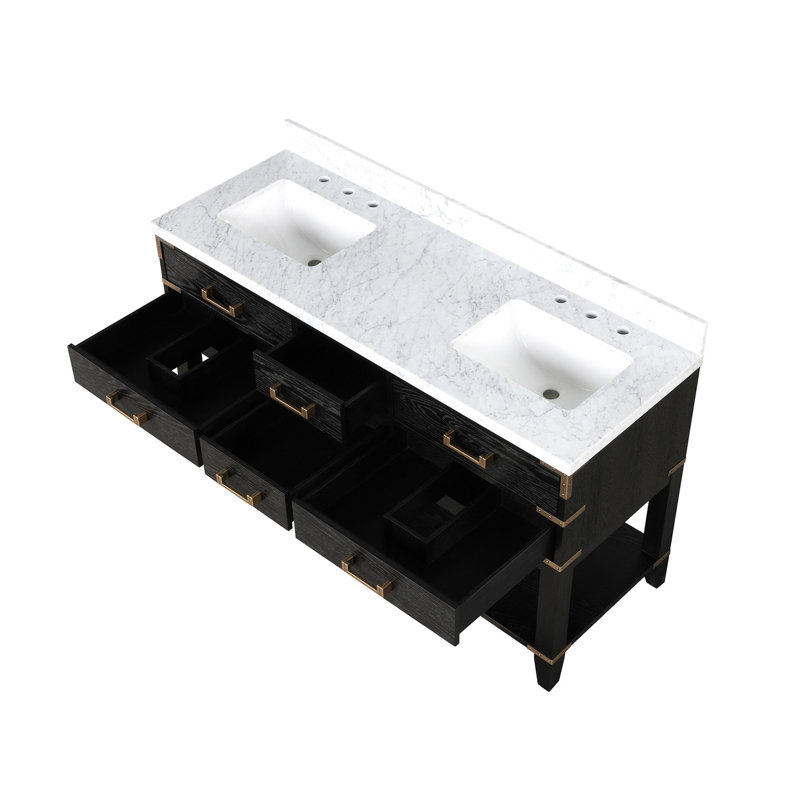 60 po L x P 22 po Meuble-lavabo double en chêne noir avec plateau en marbre et miroirs - poli, scellé pour la longévité, fermeture en douceur, rangement abondant de 60 po x 22 po avec 4 tiroirs de 28 po et tablette ouverte