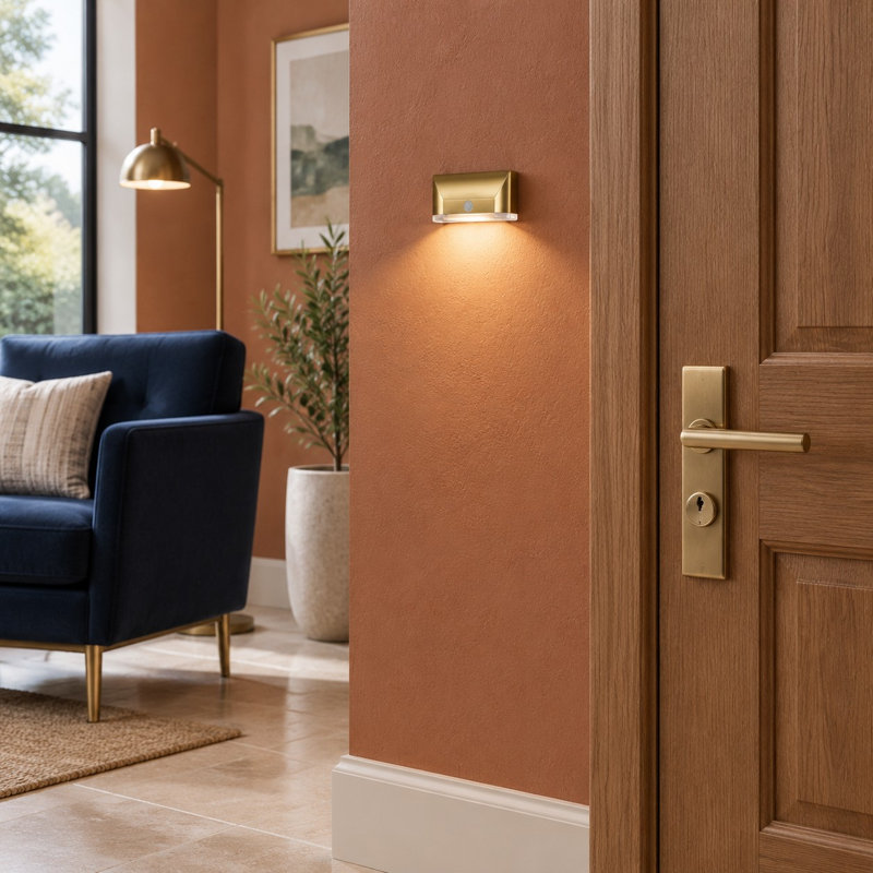 Finished in Gold, this wireless battery-powered LED keyhole nightlight uses a PIR Motion Sensor for automatic sensing and a peel-and-stick mount, fitting door locks as well as kitchens, hallways, stairways, bedrooms, and closets.