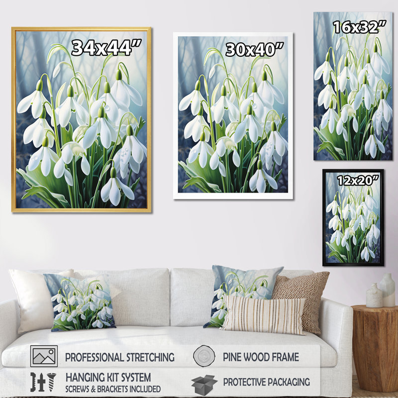 Edoire " White Green Snowdrops Romantic Impression III " Mixed Media Print, 32" H x 16" W x 1" D, Black Picture Framed