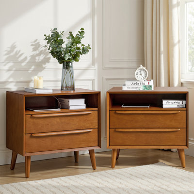 Corri Midcentury Modern 28''W 2-Drawer End Table with Charging Station and Open Shelf