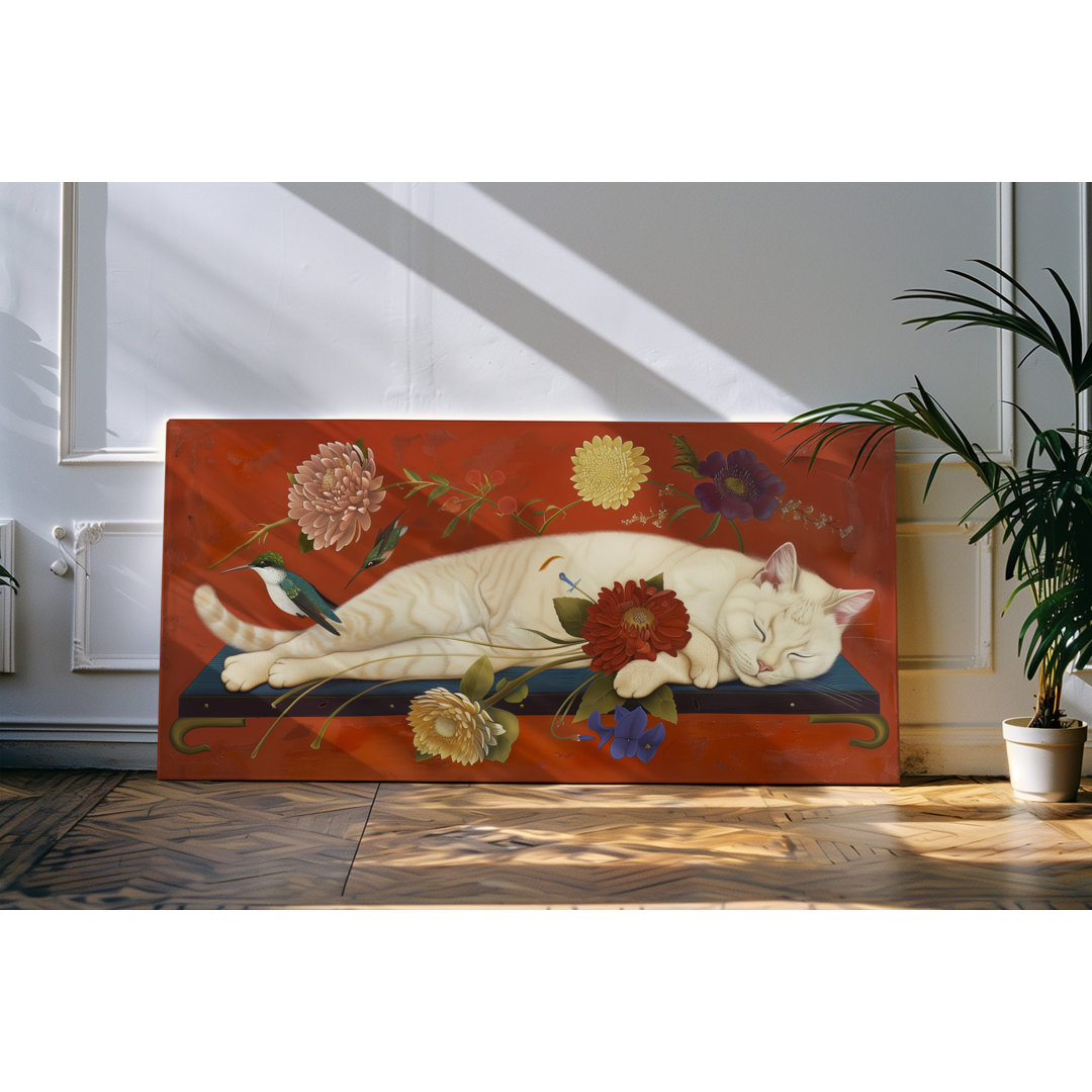 Wandbild 120x60cm Weiße Katze kleine Vögel Kunstvoll Rot Blumen