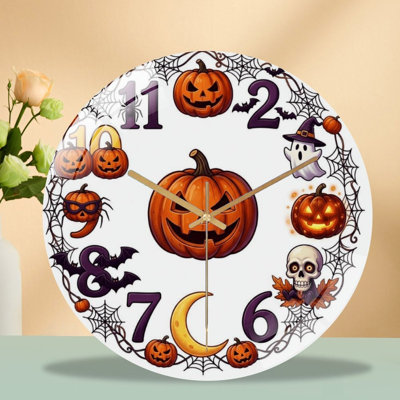 12-Inch Silent Tempered Glass Wall Clock, " Halloween Pumpkin(1) ” Silent Non-Ticking Clock, Battery Operated (AA Batteries Not Included), Artistic Home Decor