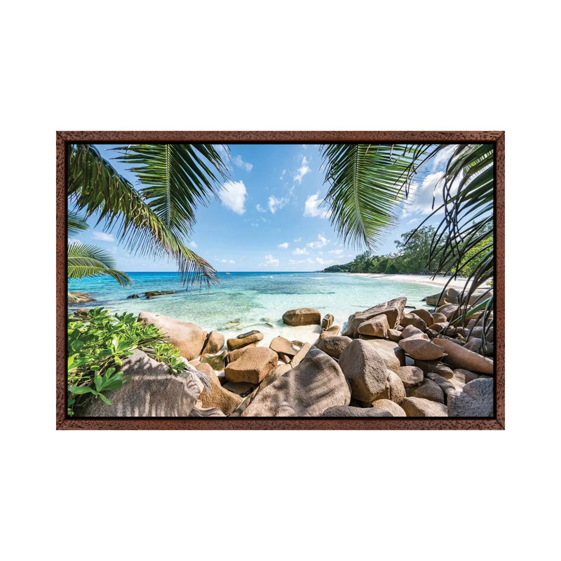 Red Rocks At The Anse Lazio by Jan Becke - Print on Canvas, 66.04 cm H x 45.72 cm W, Classic Brown Wood Framed