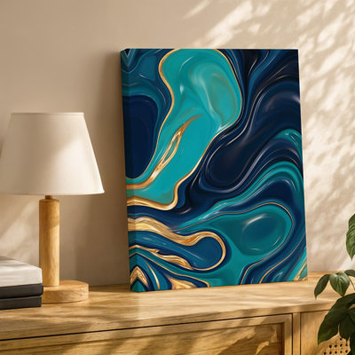 Toile d'un fond abstrait captivant avec des motifs tourbillonnants fluides dans un riche art mural nuances de bleu sarcelle foncé profond et art mural sur toile