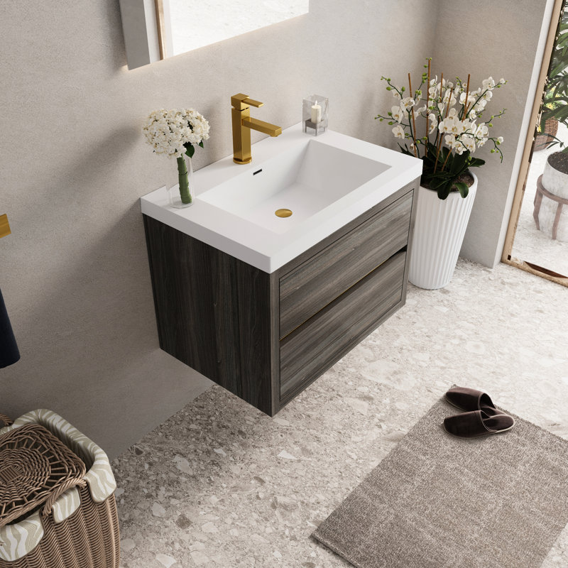 Meuble-lavabo de 30 po pour salle de bain. Gris cendré. Pré-assemblé pour une installation facile. Espace de rangement en U. Comptoir en résine haute pierre. Fonction du tiroir à fermeture en douceur. Panneaux en bois imperméables de qualité E1. 1 lavabo, 2