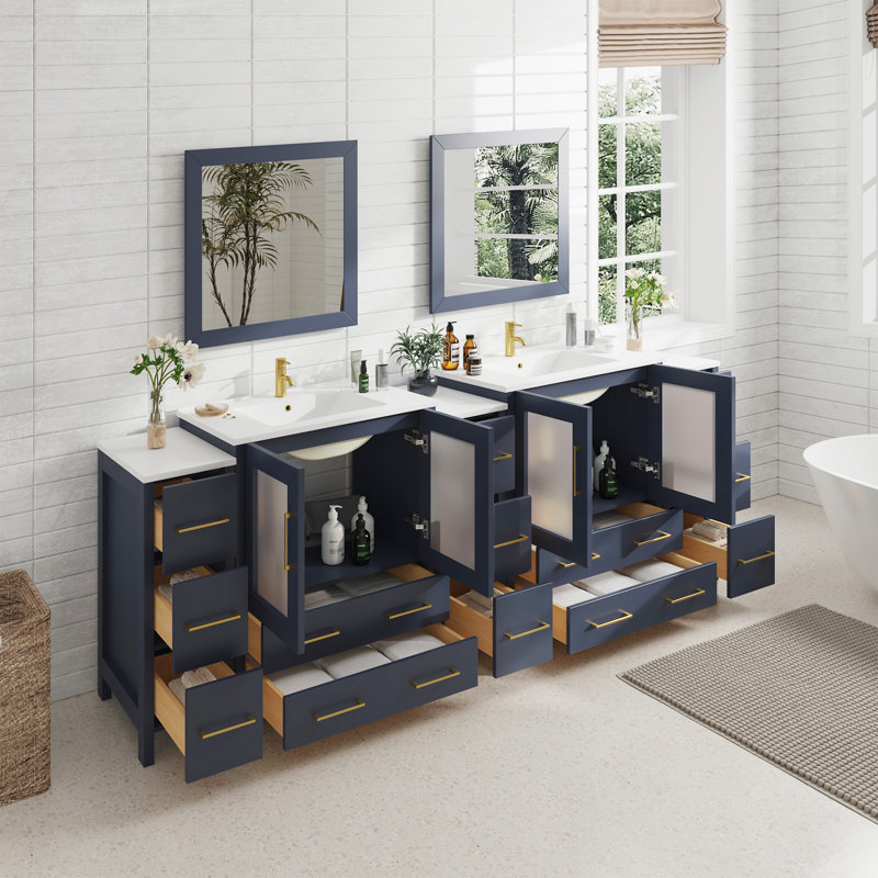  Modern 96" Double Sink Freestanding Bathroom Vanity with Ceramic Top and Matching Mirrors, Blue