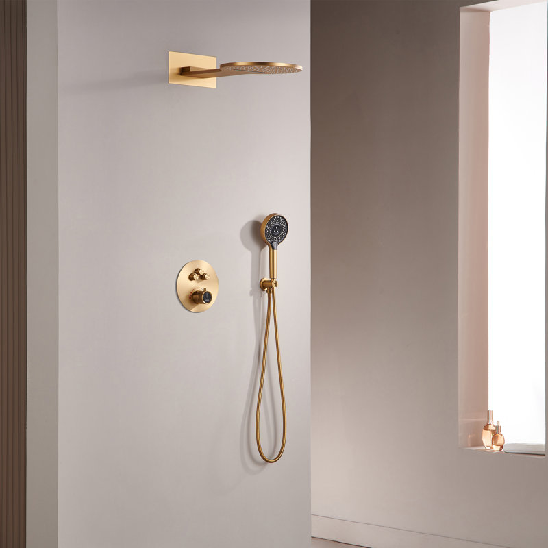 Rainier Thermostatic Rainfall Shower System with Rough in-Valve, Brushed Gold