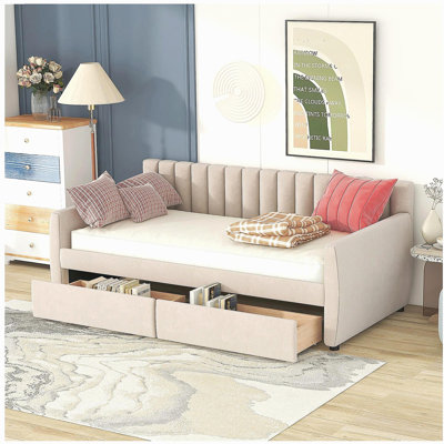 Lit de jour simple tapissier avec tiroirs, support en lattes de bois, beige