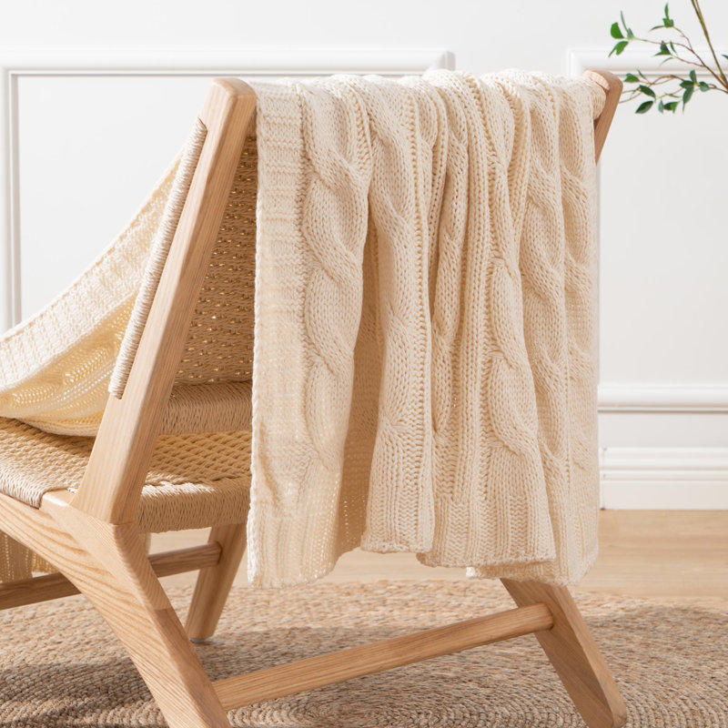 Cream Cable Knit Acrylic Throw Blanket, 50"x60"