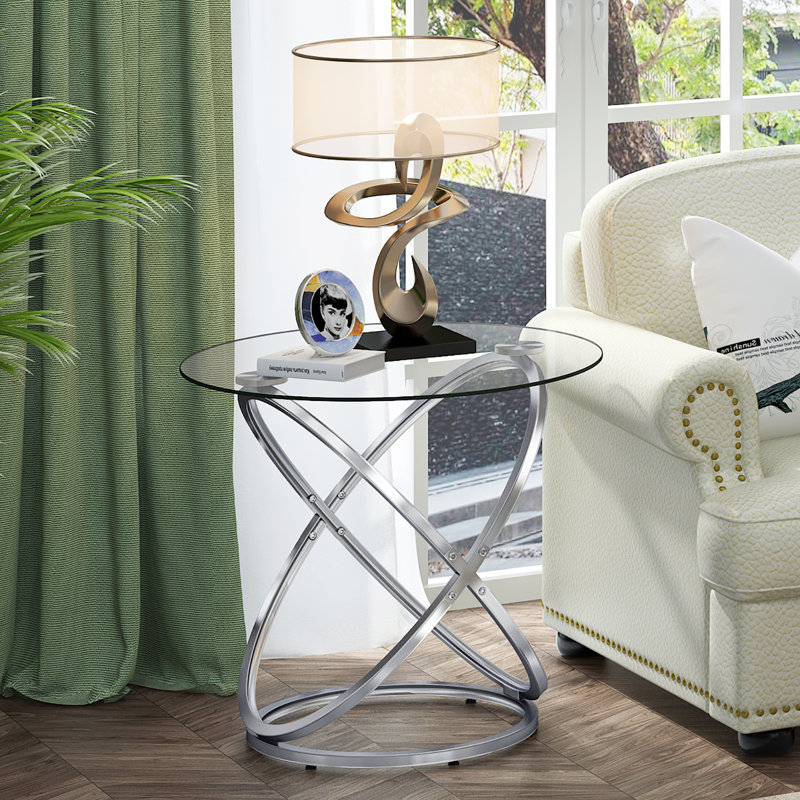 Table de bout avec plateau en verre Lakhraj, Chrome chrome, Clair