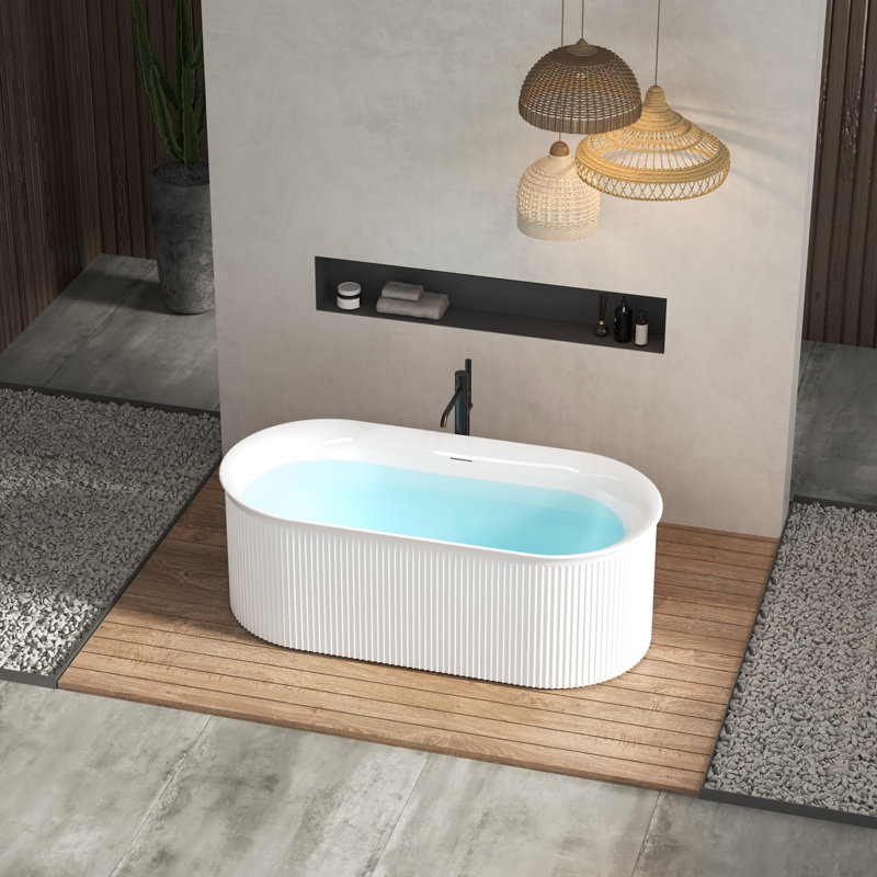 67" Fluted Style-Freestanding Bathtub With Integrated Slotted Overflow And Brushed Nickel Toe-Tap Drain
