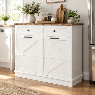 Double Tilt Out Trash Can Cabinet for Two 10 Gallon Bins, Farmhouse Garbage Cabinet with Drawer