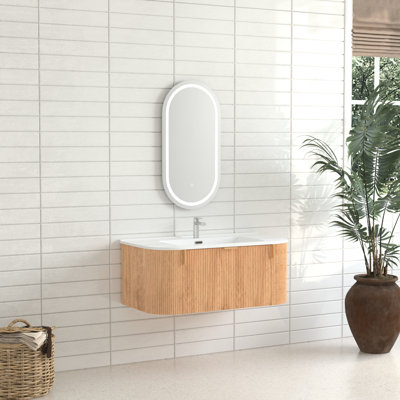 Meuble-lavabo de 36 po en bois massif avec conception murale flottante, 2 tiroirs, palette de couleurs noyer, style européen européen, peu encombrant, lavabo, meuble-lavabo à assemblage rapide, bois, côté