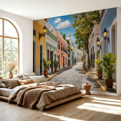 Wall Mural Peel and Stick Wallpaper colorful street old san juan puerto rico town scenery mexican Self-Adhesive Removable Contact Paper Wall Decor for Living Room Bedroom 69"H x 96"W