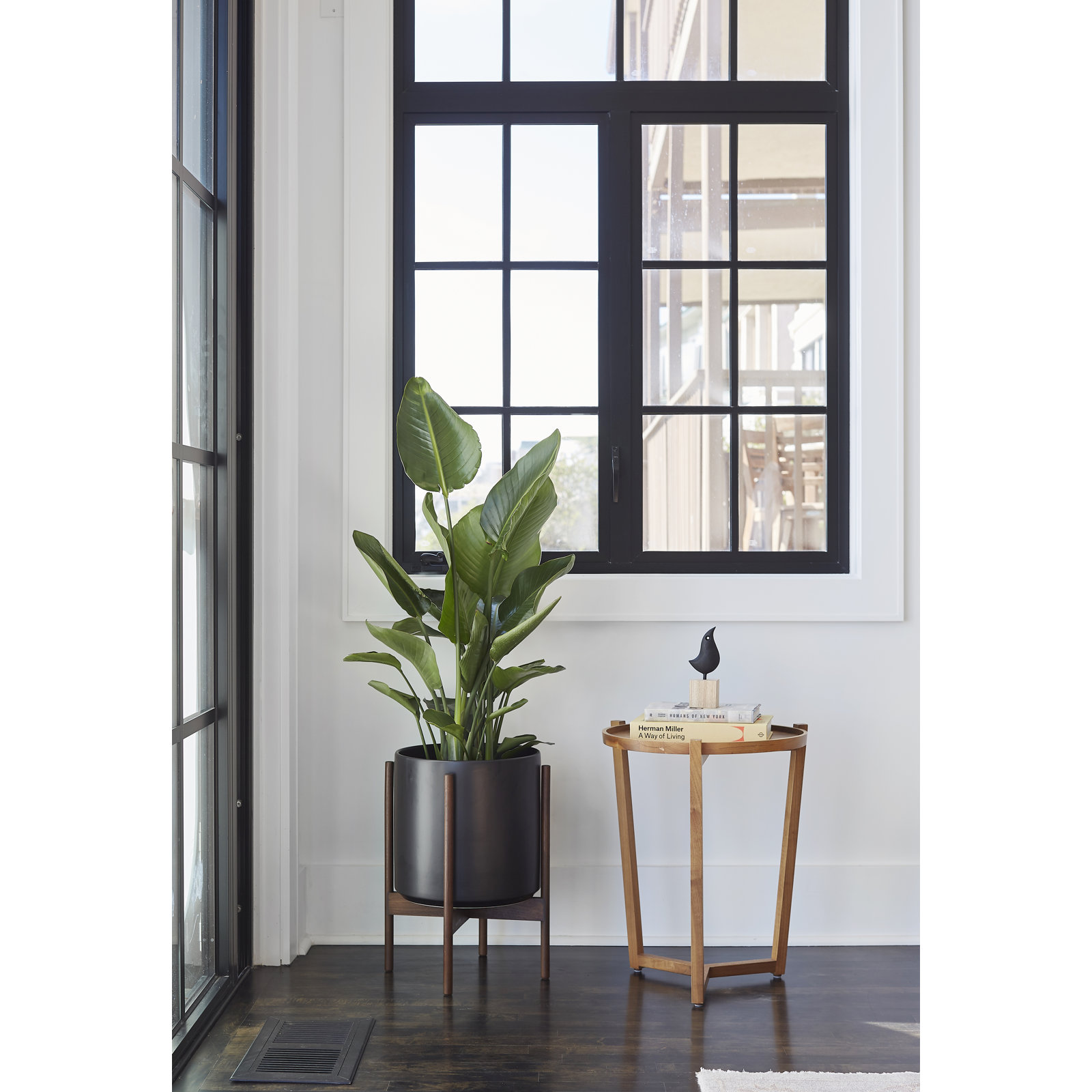 Riverside Handmade Ceramic Pot Planter, 20" H x 15.5" W x 15.5" D, Black/Darkened Teak