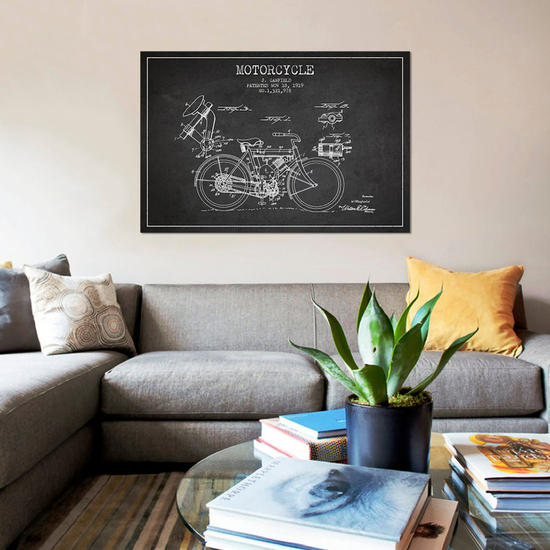 « j. canfield motocyclette », reproduction d’impression sur toile en gris anthracite, H 8 po x l 12 po x P 0,75 po