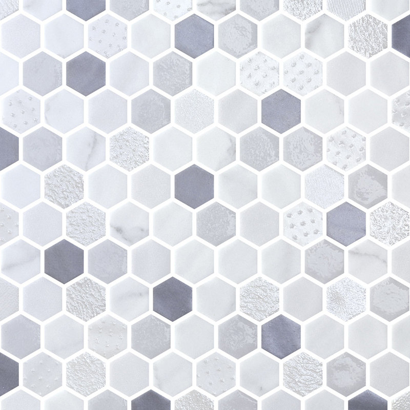 Spectrum Classic Blend 1 Inch Hexagon Recycled Glass Mosaic, Gray